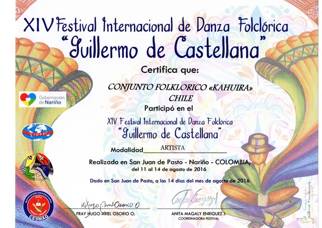 Certificado de participación del Conjunto Folclórico Kahuira en el festival Guillermo de Castellana