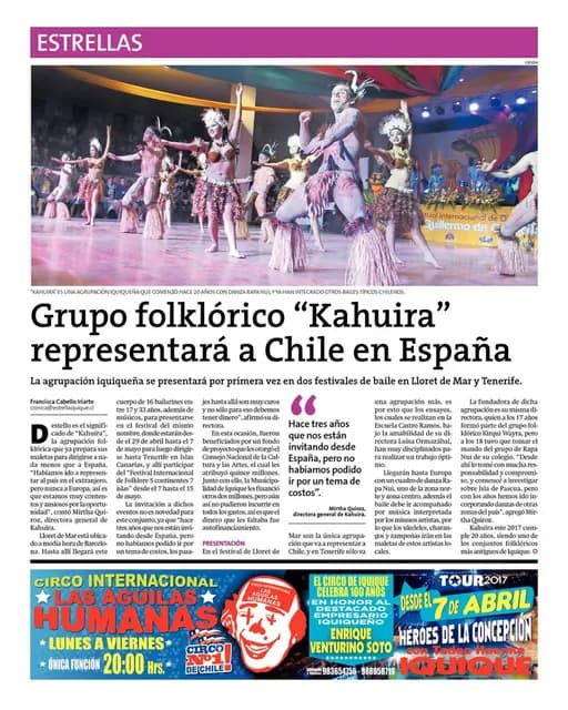 Recorte de diario con la nota sobre la gira de Kahuira a España